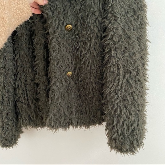 Vero Moda Green Fuzzy Faux Fur Open Front Double Breasted Jacket - Picture 2 of 5